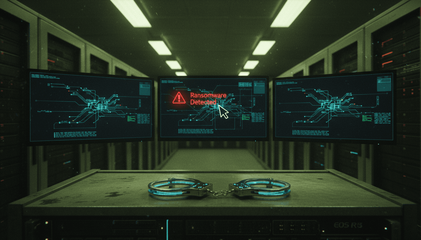 Digital handcuffs superimposed over a glowing, intricate network diagram, symbolizing the capture of a cybercriminal.