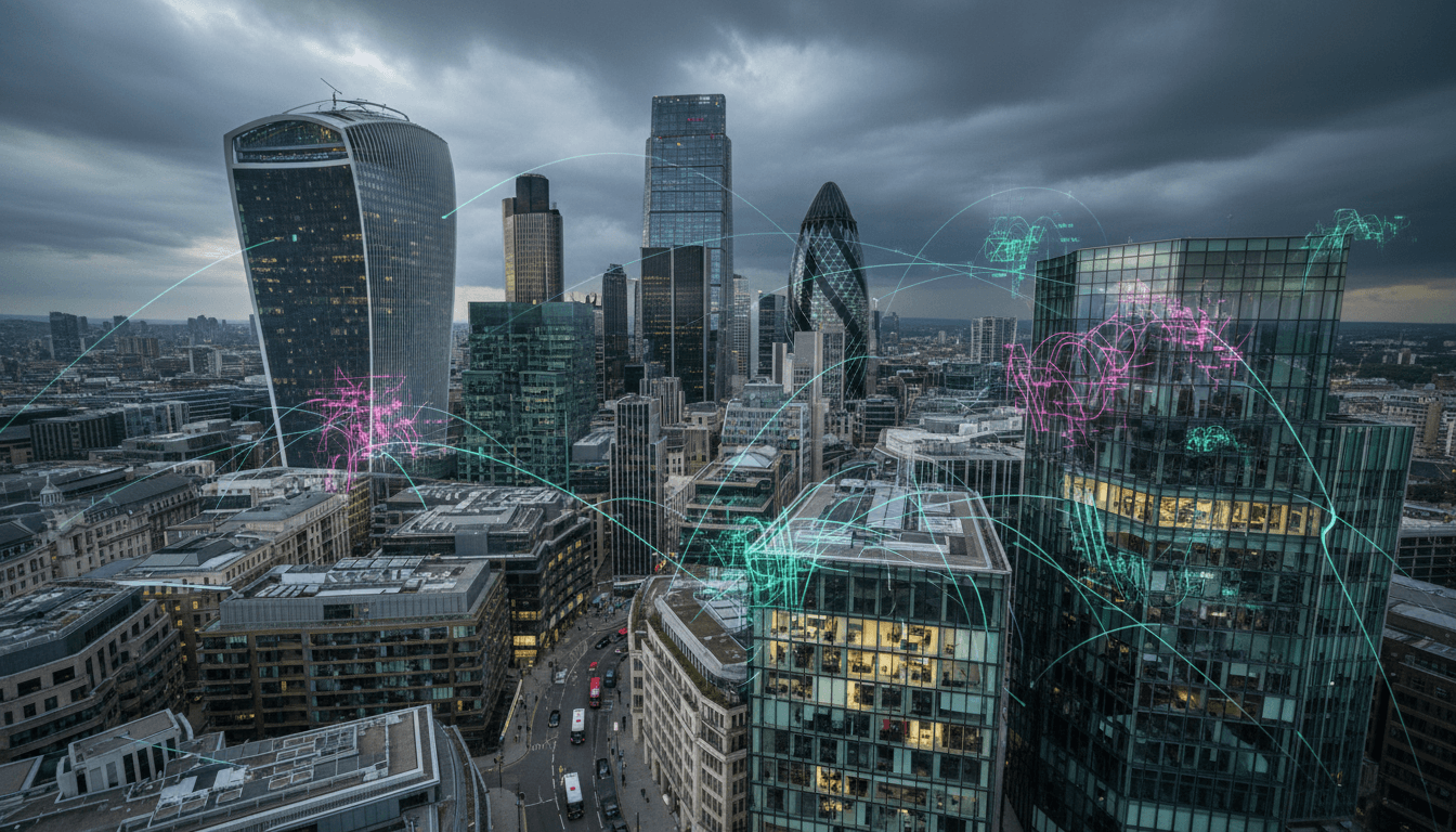 Aerial view of a bustling City of London financial district with digital overlays highlighting suspicious trading patterns and data flow, symbolizing the detection of insider dealing.