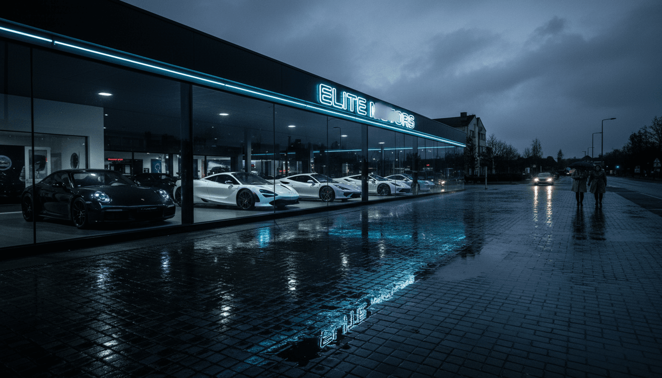 A luxury car dealership at dusk, with several high-end vehicles visible through large glass windows, appearing eerily empty and devoid of activity. The neon lights of the dealership sign cast a cold glow on the empty lot, contrasting with the dark, overcast sky. The scene conveys a sense of quiet closure after a significant event.
