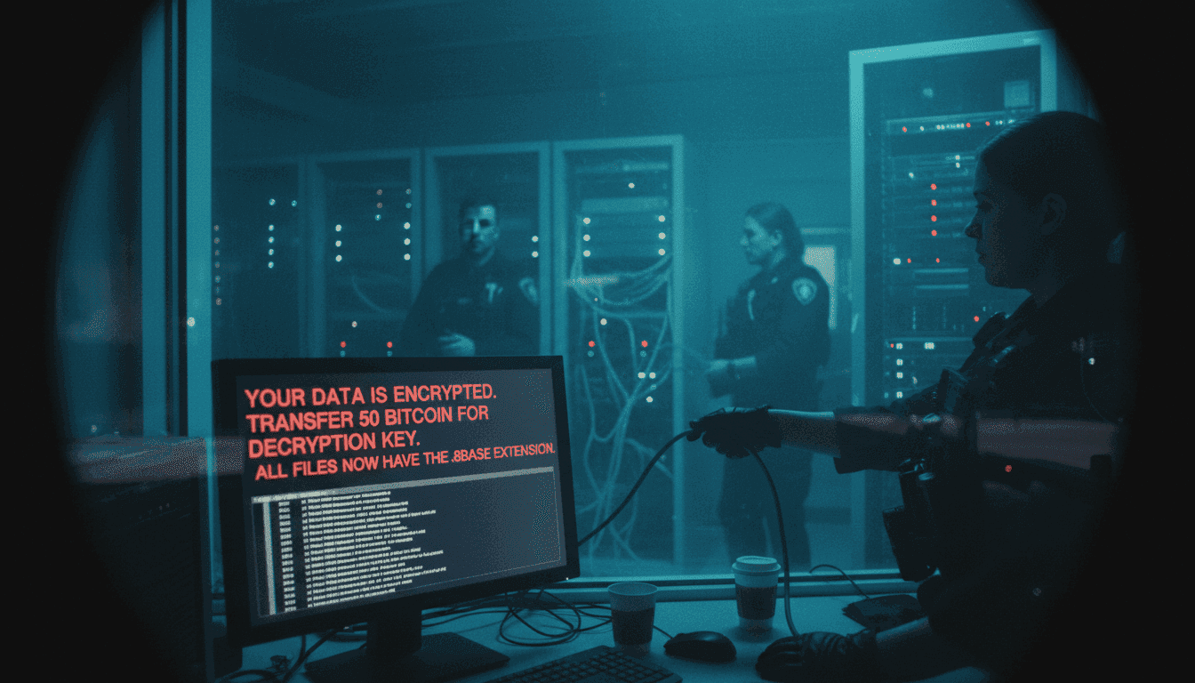 A network security expert intently monitoring multiple screens displaying encrypted data and a digital ransom note, with police raid activity visible in the background.
