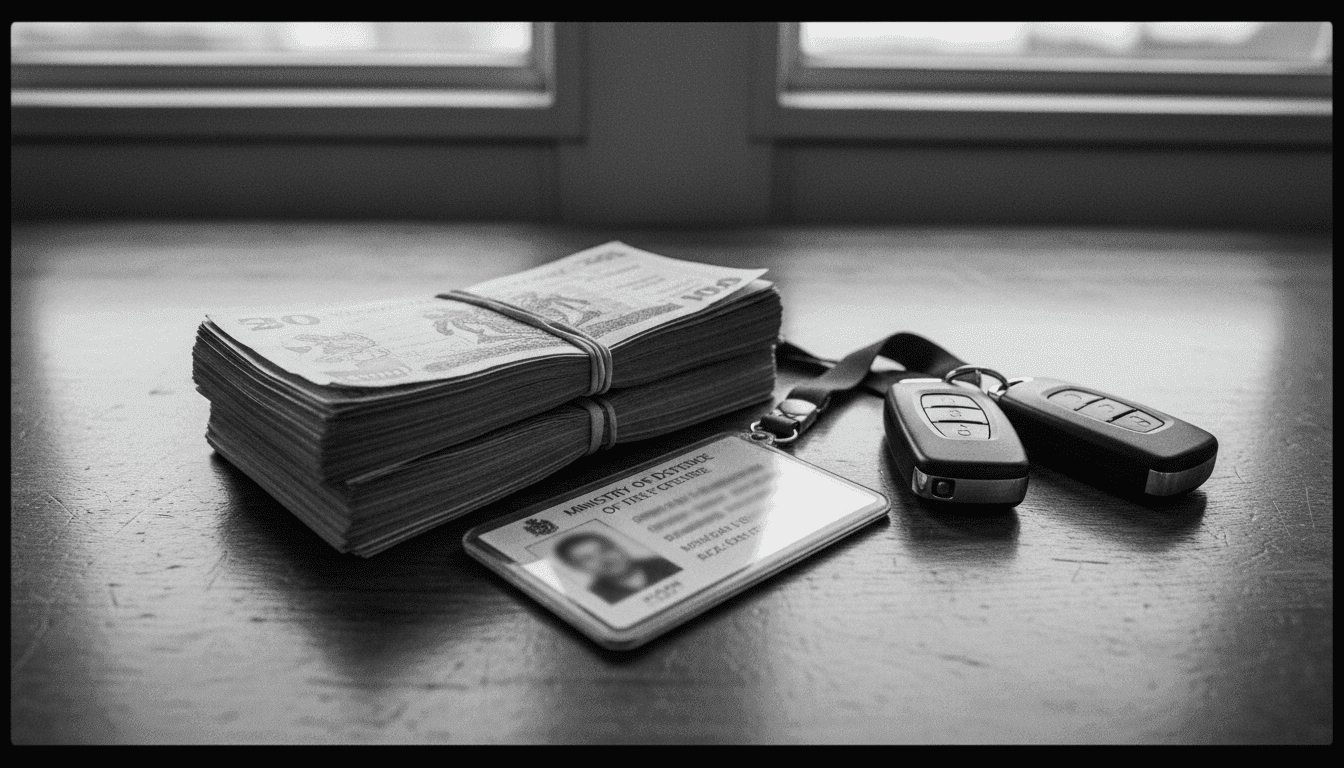 A still life composition featuring a stack of crisp £20 notes, a set of car keys, and a subtle Ministry of Defence identification badge, arranged on a polished wooden desk, suggesting secret payments and illicit gains.
