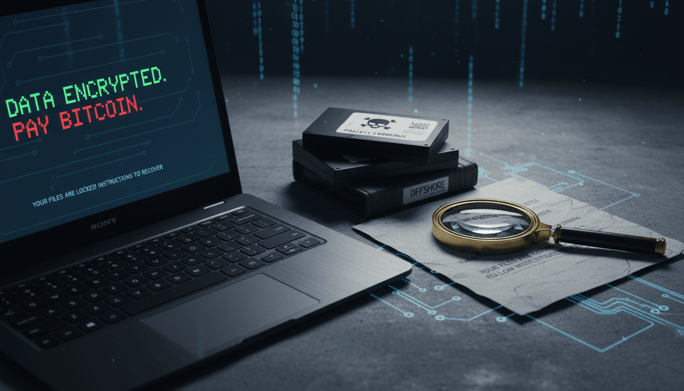 Still life composition representing cybercrime investigation, featuring a laptop with encrypted screen, a stack of digital hard drives, a magnifying glass, and a printout of a ransom note on a dark, textured surface.