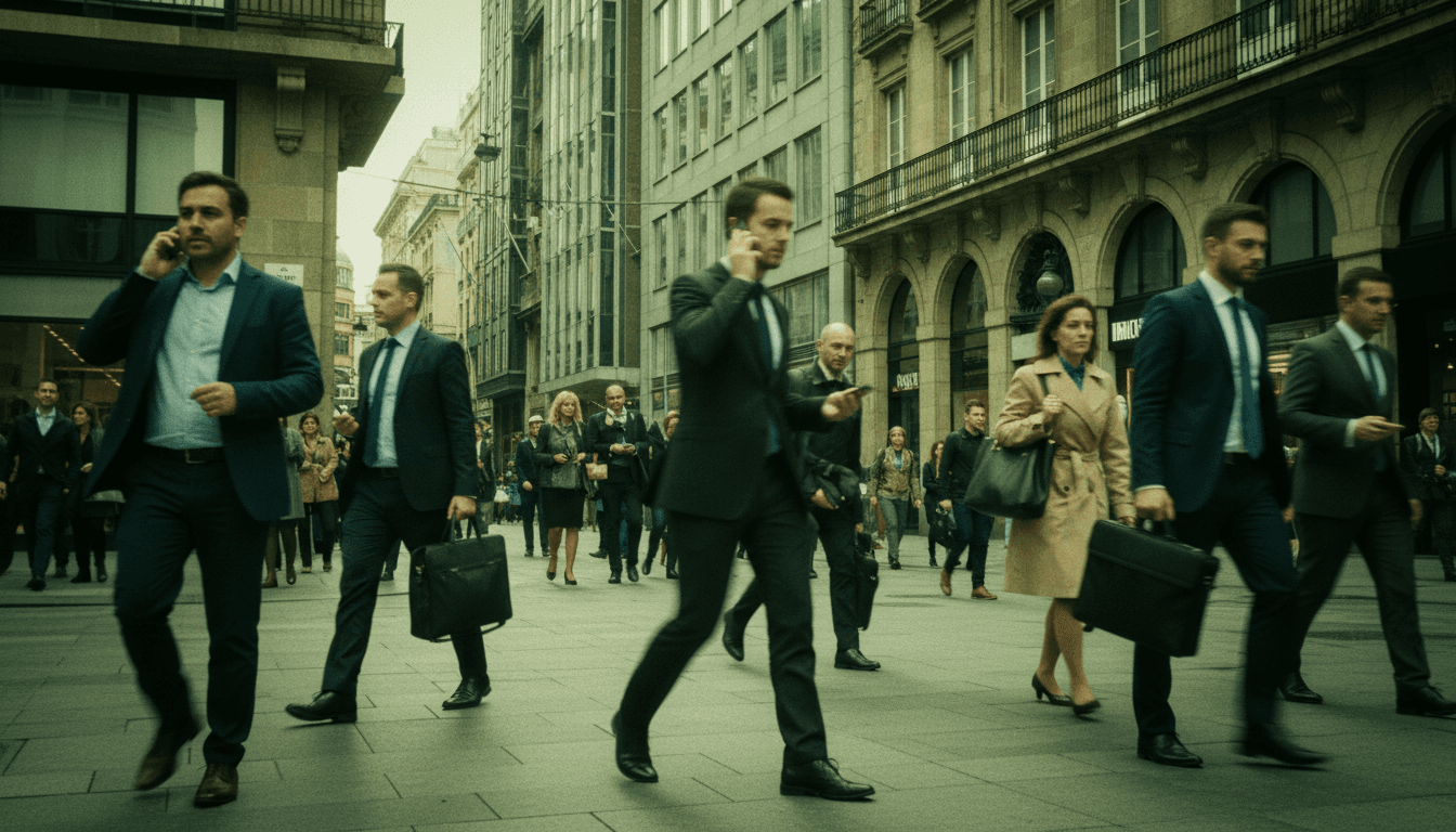 A street-level candid shot of a bustling European city street, with blurred figures walking past modern office buildings, suggesting a global reach of financial crime investigations.