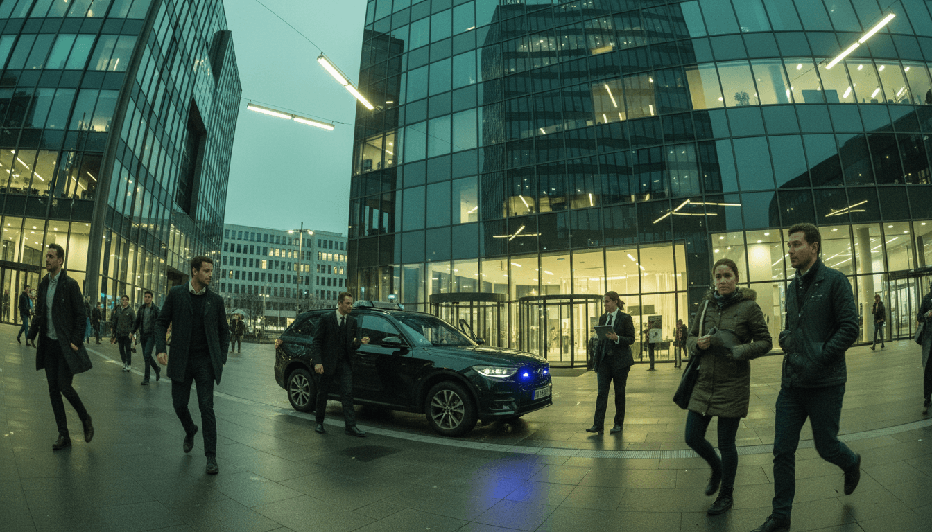Wide environmental scene of the Düsseldorf skyline with modern office buildings, a police car with flashing lights parked discreetly in front of a building entrance, and a subtle overlay of a financial chart indicating illicit activity.