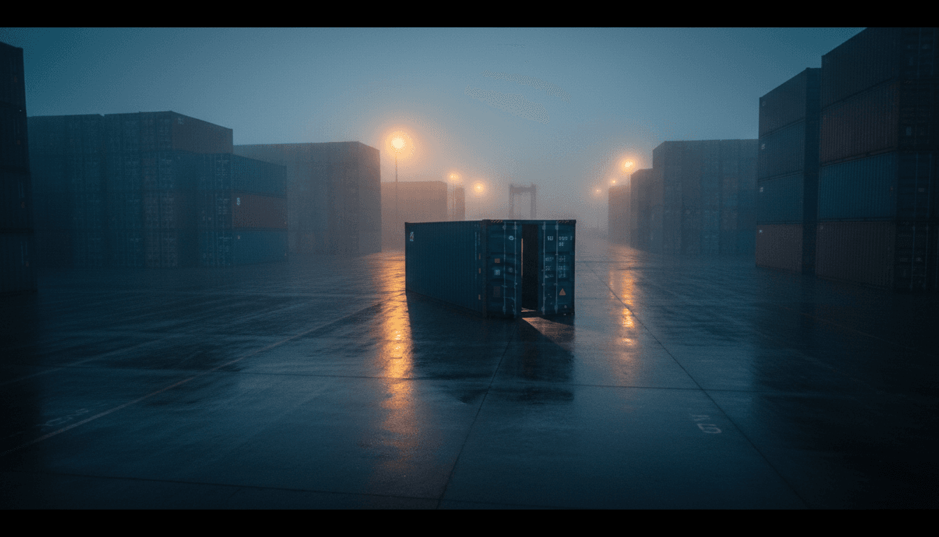 Empty, rain-slicked docks at a major Spanish port at dawn, with cargo containers stacked in the distance, conveying a sense of illicit activity and the vast scale of drug trafficking.