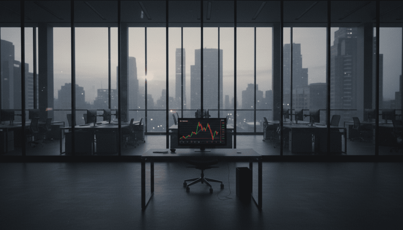 Empty trading desk at dawn, reflecting city lights, with a single, dark computer screen showing blurred financial charts.