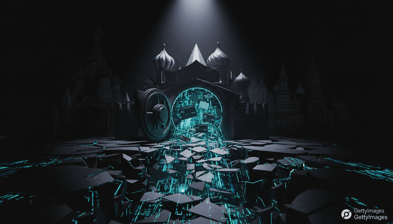 Abstract representation of data theft with credit cards and digital currency