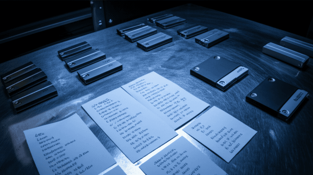 Ledger wallets displayed beside cards showing exposed crypto wallet breach seed phrases.