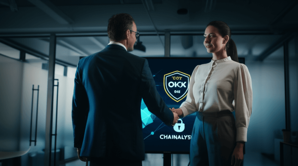 OKX and Chainalysis logo representing crypto fraud prevention partnership.