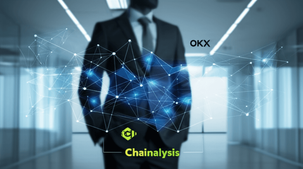 OKX logo alongside the Chainalysis logo, symbolizing their partnership in crypto fraud prevention.