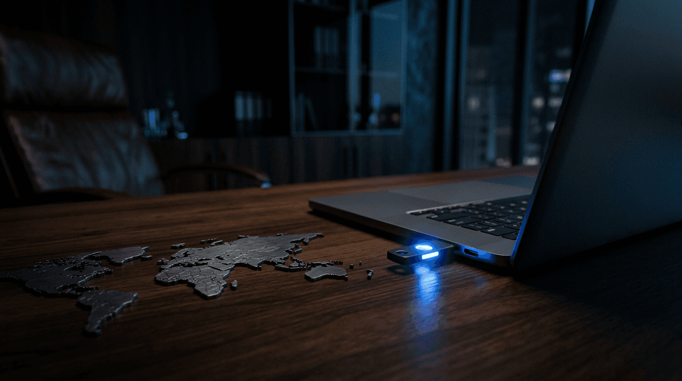 A dark office setting representing global crypto sanctions evasion networks.