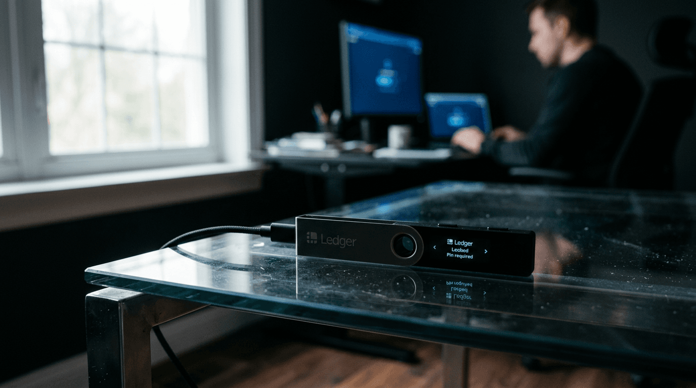 A hardware wallet on a desk representing the risks of seed phrase exposure