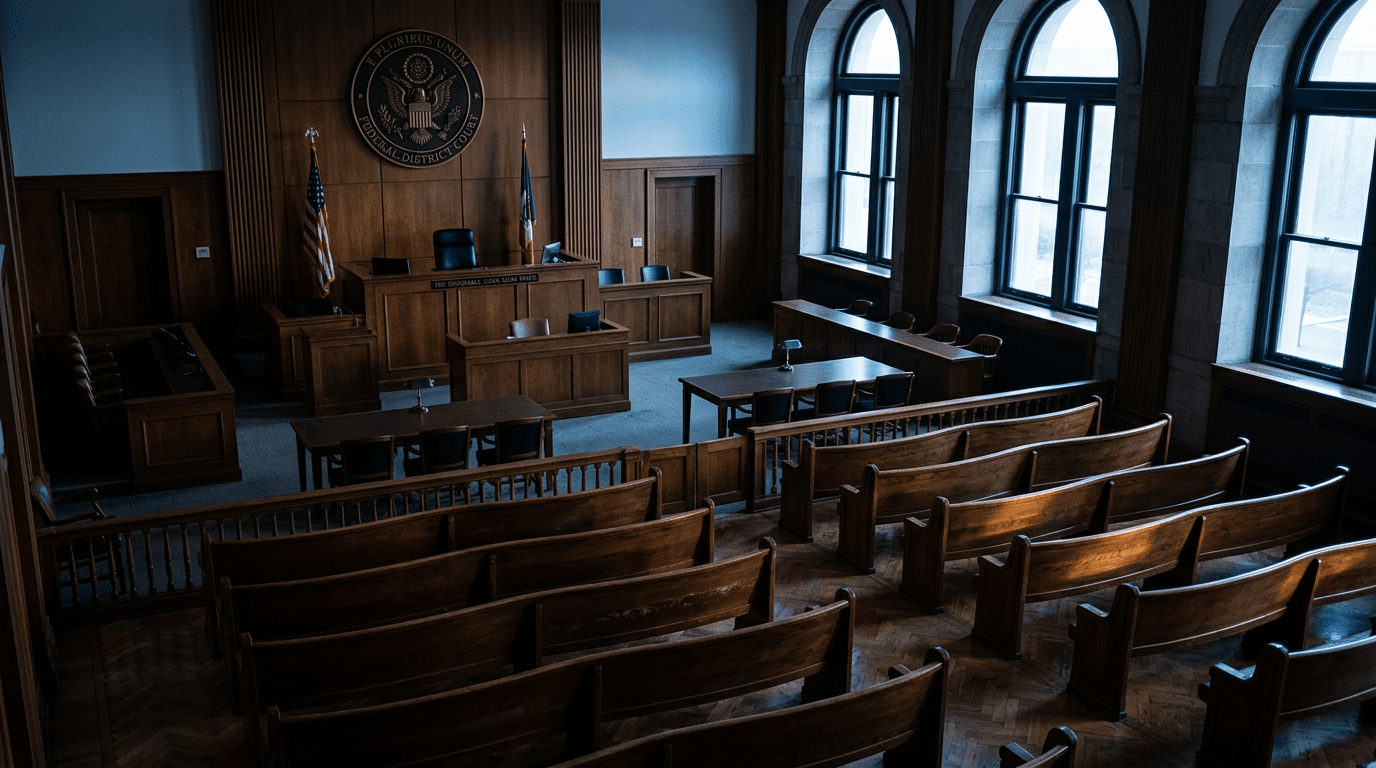 A quiet federal courtroom representing the legal weight of federal fraud clemency.