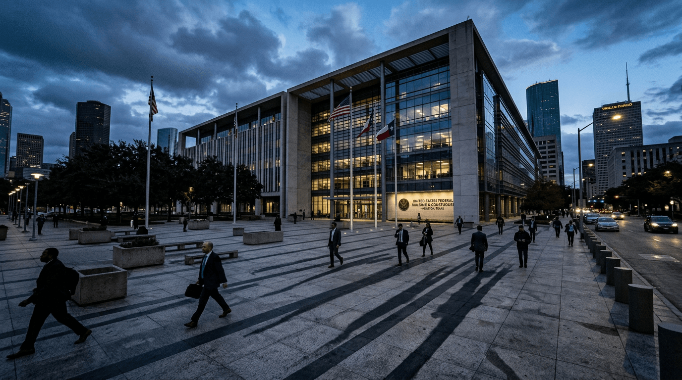 A federal courthouse representing the Houston romance scam trial