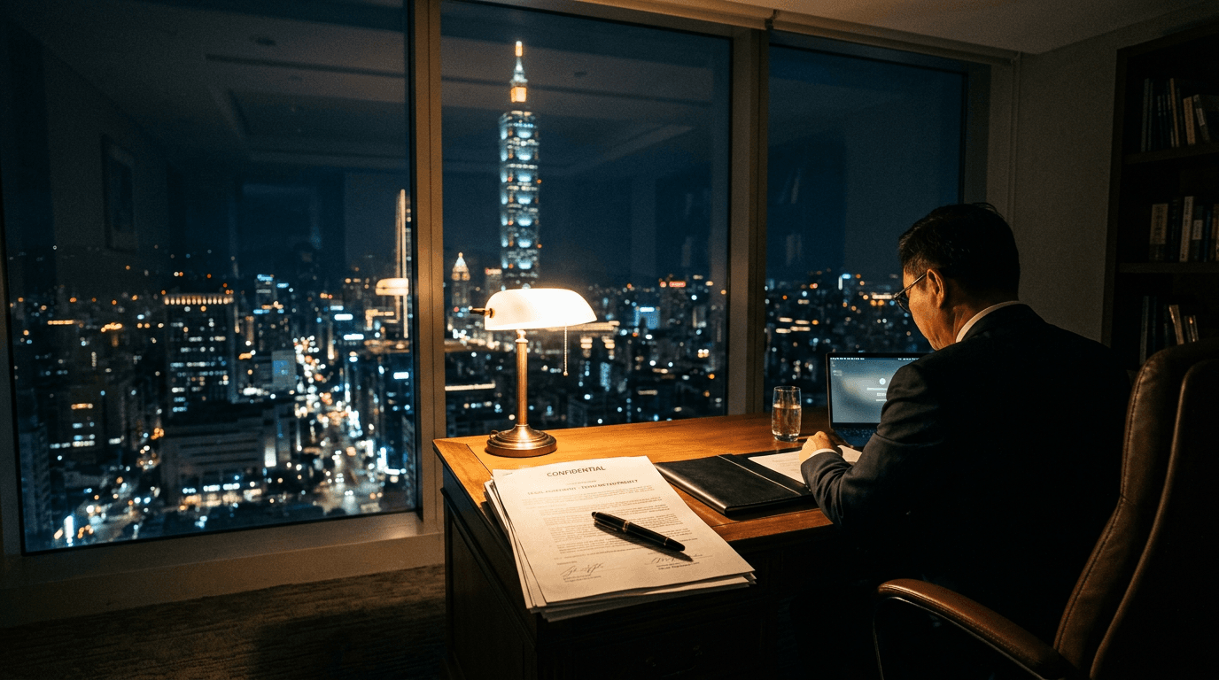 A dark office setting representing an investment fraud scheme investigation.