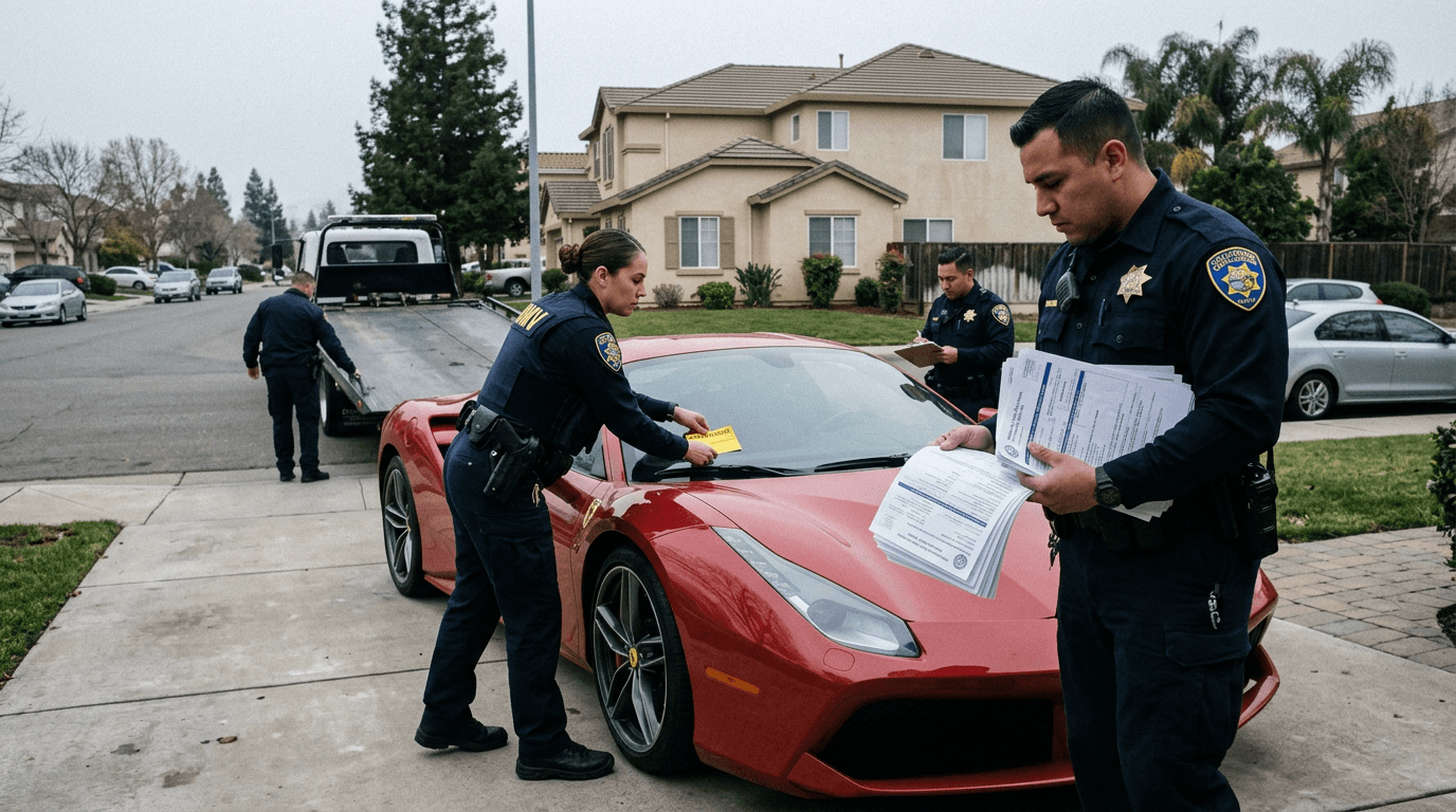 California DMV agents seizing a luxury car involved in a Montana Loophole luxury car tax scheme, with registration documents scattered.