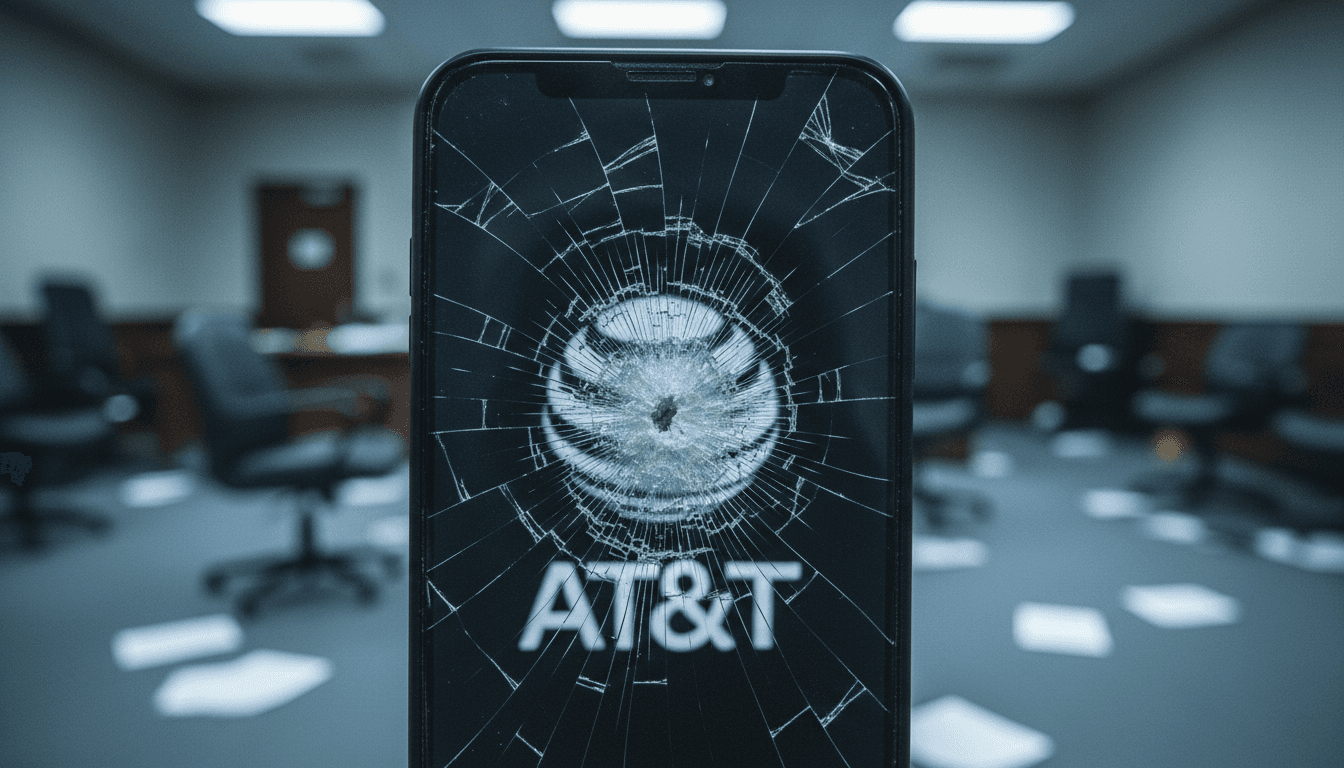 Close-up of a shattered smartphone screen with the AT&T logo faintly visible, symbolizing the AT&T data breach and compromised digital security.