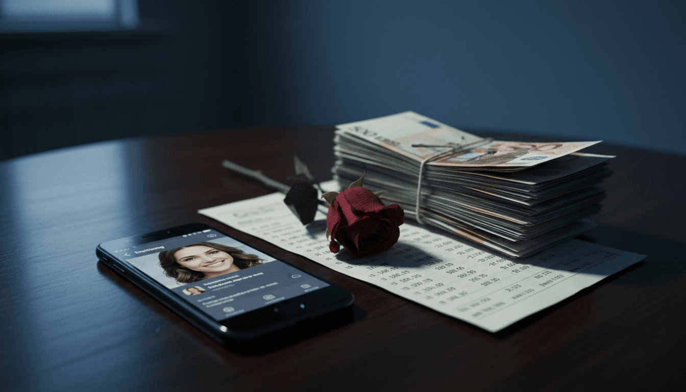 A collection of objects representing a staggering romance scam: a smartphone with a dating app open, a stack of international currency, a single red rose, and a crumpled bank statement.