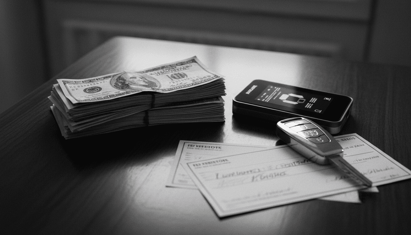 A detailed still life composition featuring a stack of crisp, hundred-dollar bills, a small, open cryptocurrency hardware wallet, and a high-end luxury car key (like a Lamborghini) resting on a dark, polished wood surface, subtly reflecting the items. The arrangement is interspersed with a few scattered, uncashed investor checks, emphasizing the Goliath Ventures Ponzi scheme and its illicit gains.