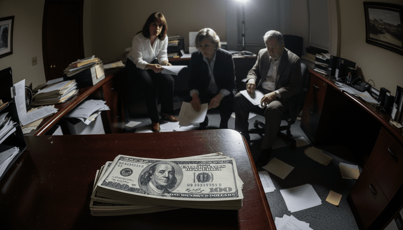 Close-up of a stack of crisp hundred-dollar bills, some with faint ink stains, on a dark, textured wooden table, symbolizing the illicit funds from a staggering money laundering operation.