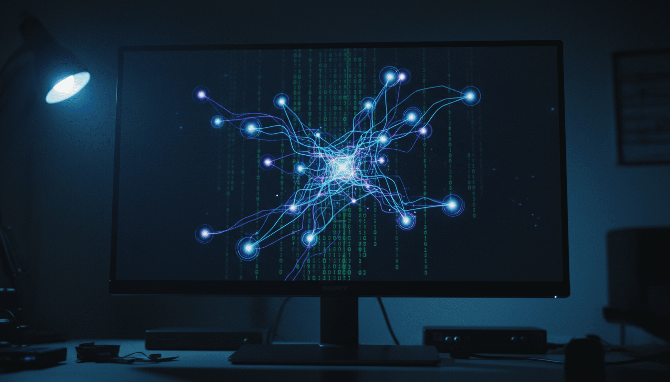 A close-up of a computer screen displaying a complex network diagram with various nodes and connections, symbolizing the intricate North Korean IT worker networks.