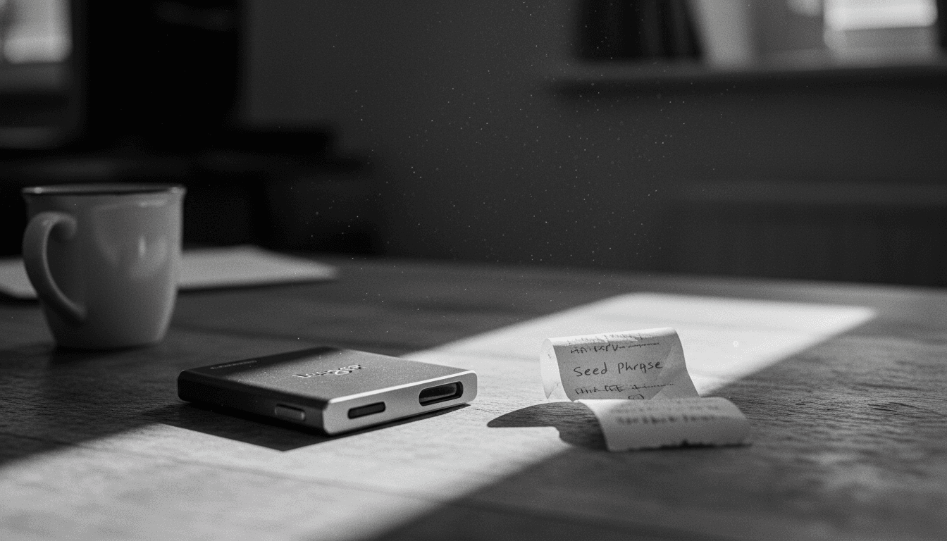 A close-up shot of a Ledger hardware wallet displaying a blurred seed phrase, representing the vulnerability to crypto theft: Korean authorities faced.