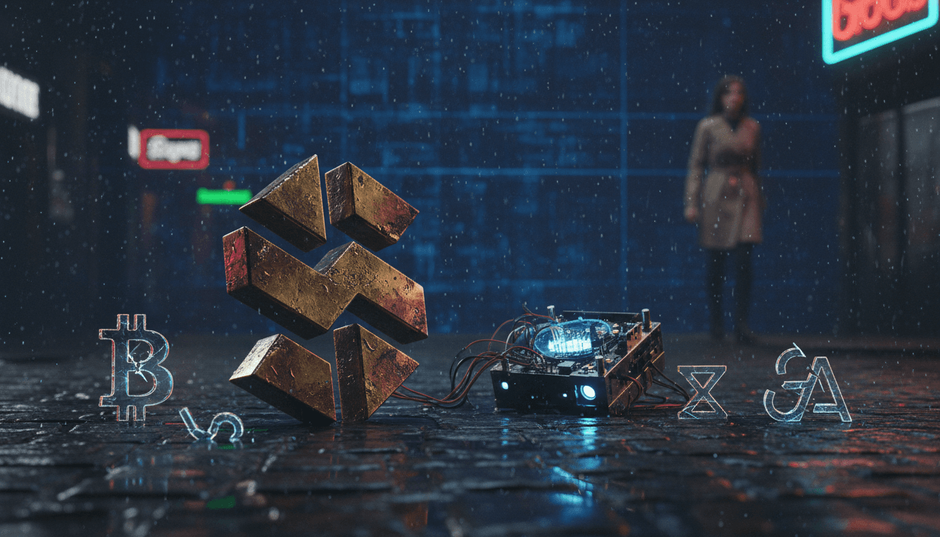 A digital representation of Aave liquidation errors, showing a broken oracle mechanism and falling crypto assets.