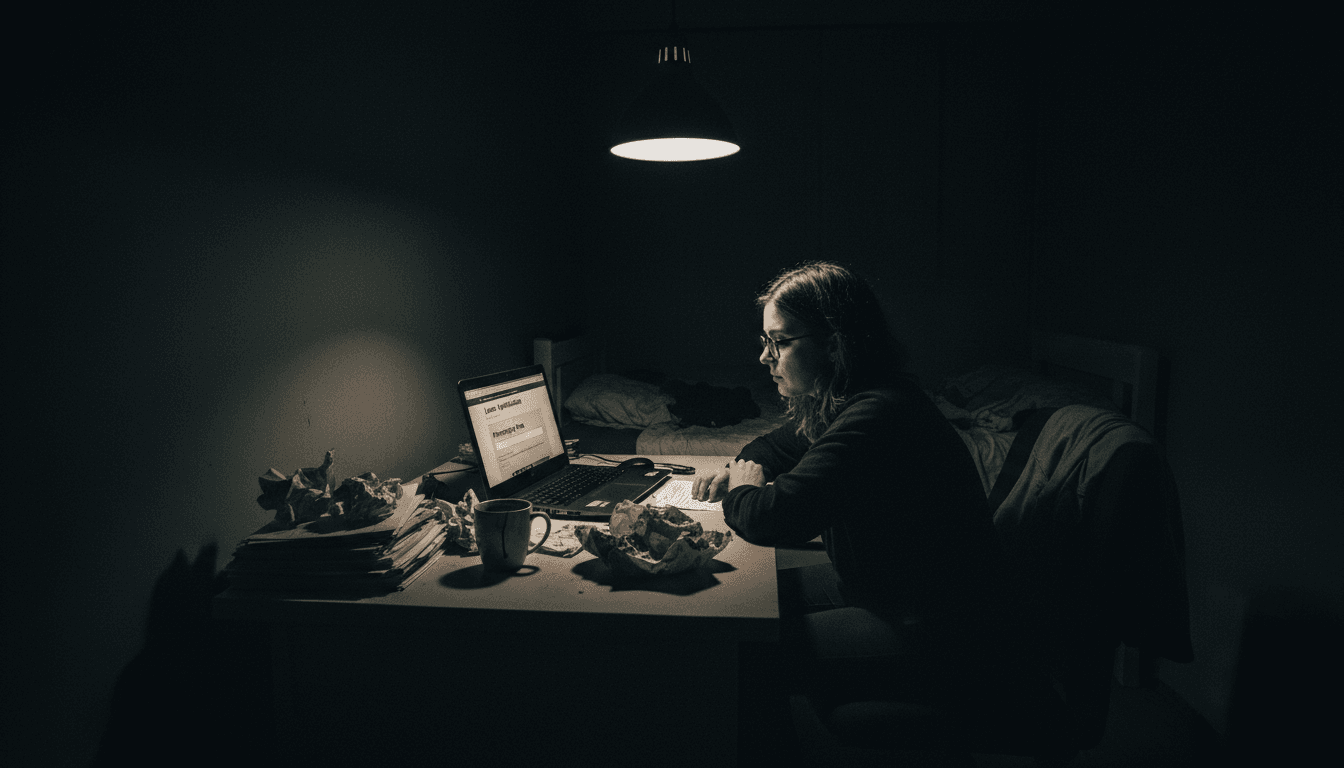 A close-up of a computer screen displaying a fraudulent loan application form with 'processing fee' highlighted, set against the backdrop of a cluttered, dimly lit home office, symbolizing the operation of a fake loan scam.