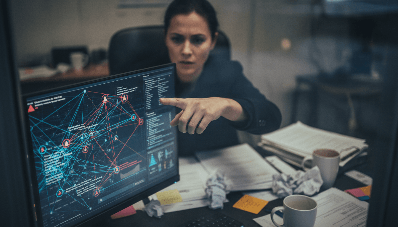 A detective's hand pointing at a complex web of financial transactions on a digital screen, illustrating the unraveling of a convicted burglar fraud spree.