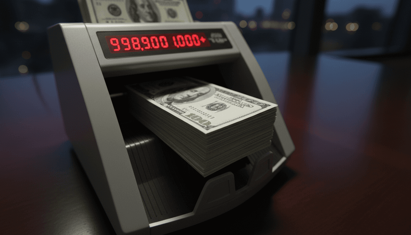 Close-up of a stack of crisp hundred-dollar bills being fed into a high-speed money counter, with a digital display showing a rapidly increasing total, symbolizing the large sums involved in the $9.7M money laundering scheme.