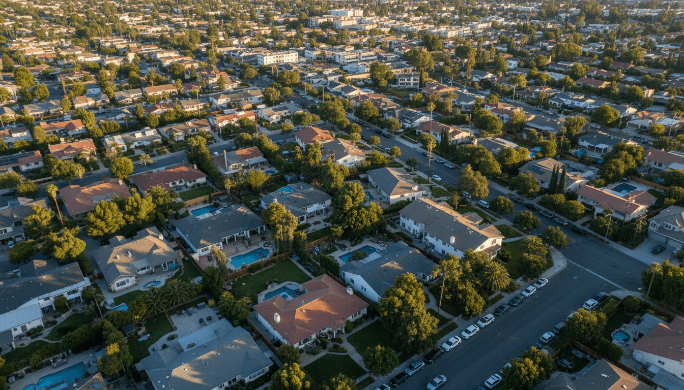 An aerial view of a sprawling residential neighborhood in Los Angeles, with a focus on a cluster of homes, symbolizing the widespread impact of the Los Angeles elderly fraud.