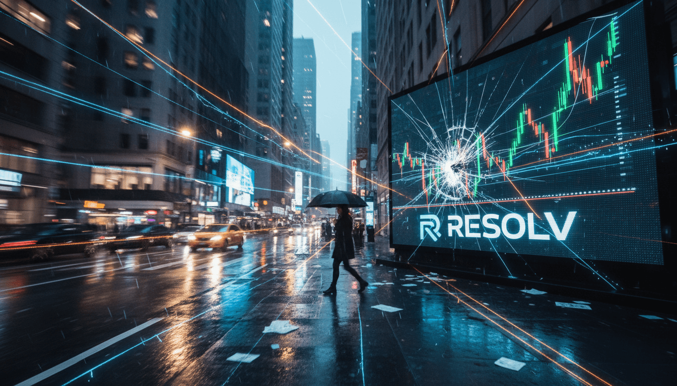 A digital representation of a USR stablecoin depeg, showing a broken blockchain link and falling dollar signs.