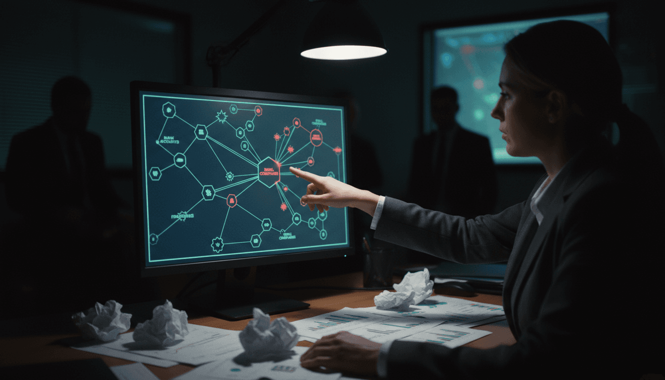 A federal agent's hand pointing to a complex network diagram on a screen, illustrating the connections within a large-scale Medicare fraud scheme.