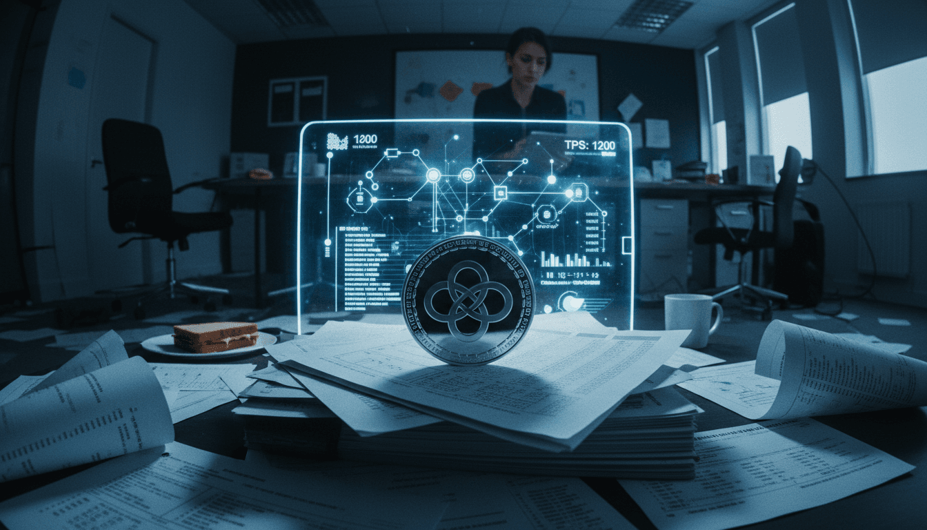 A detailed illustration of a digital ledger with interconnected blocks, representing stablecoin program implementation, overlaid with charts and data metrics on a holographic display.