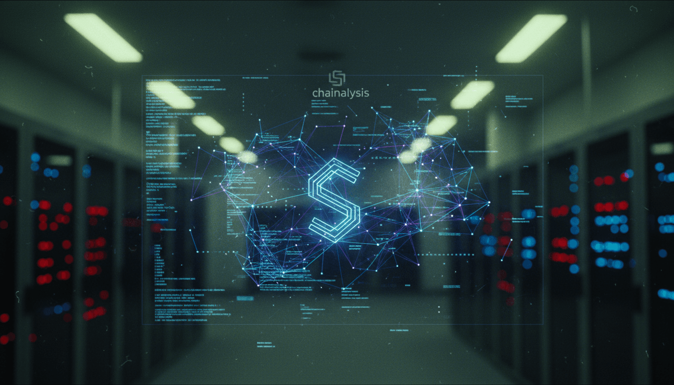 A close-up of a digital display showing a blockchain transaction ledger with 'Solana compliance integration' highlighted, overlaid with a Chainalysis logo.