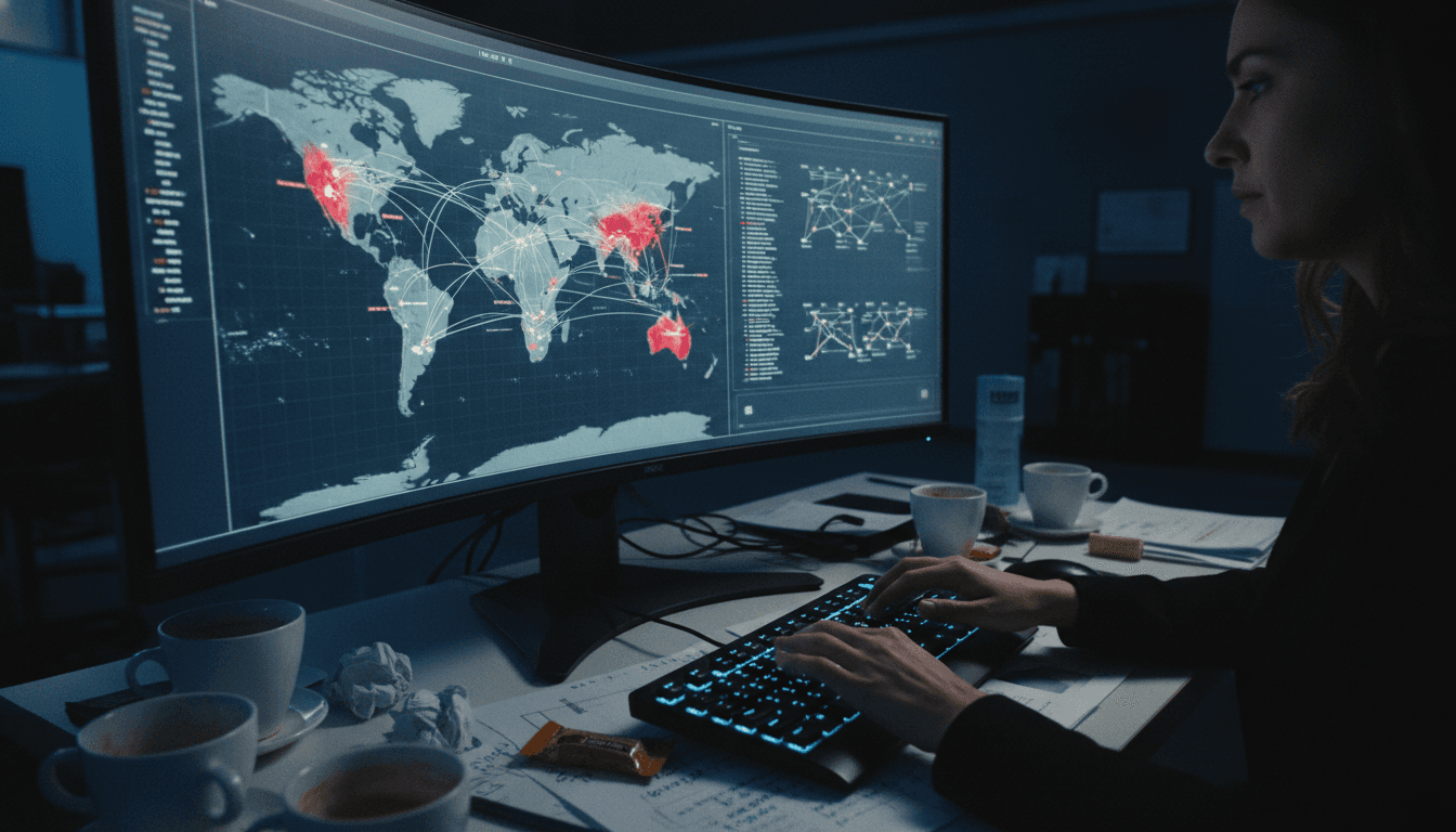 A complex digital interface displaying data points and warning signs related to a global fraud epidemic, with a subtle overlay of AI-generated code.