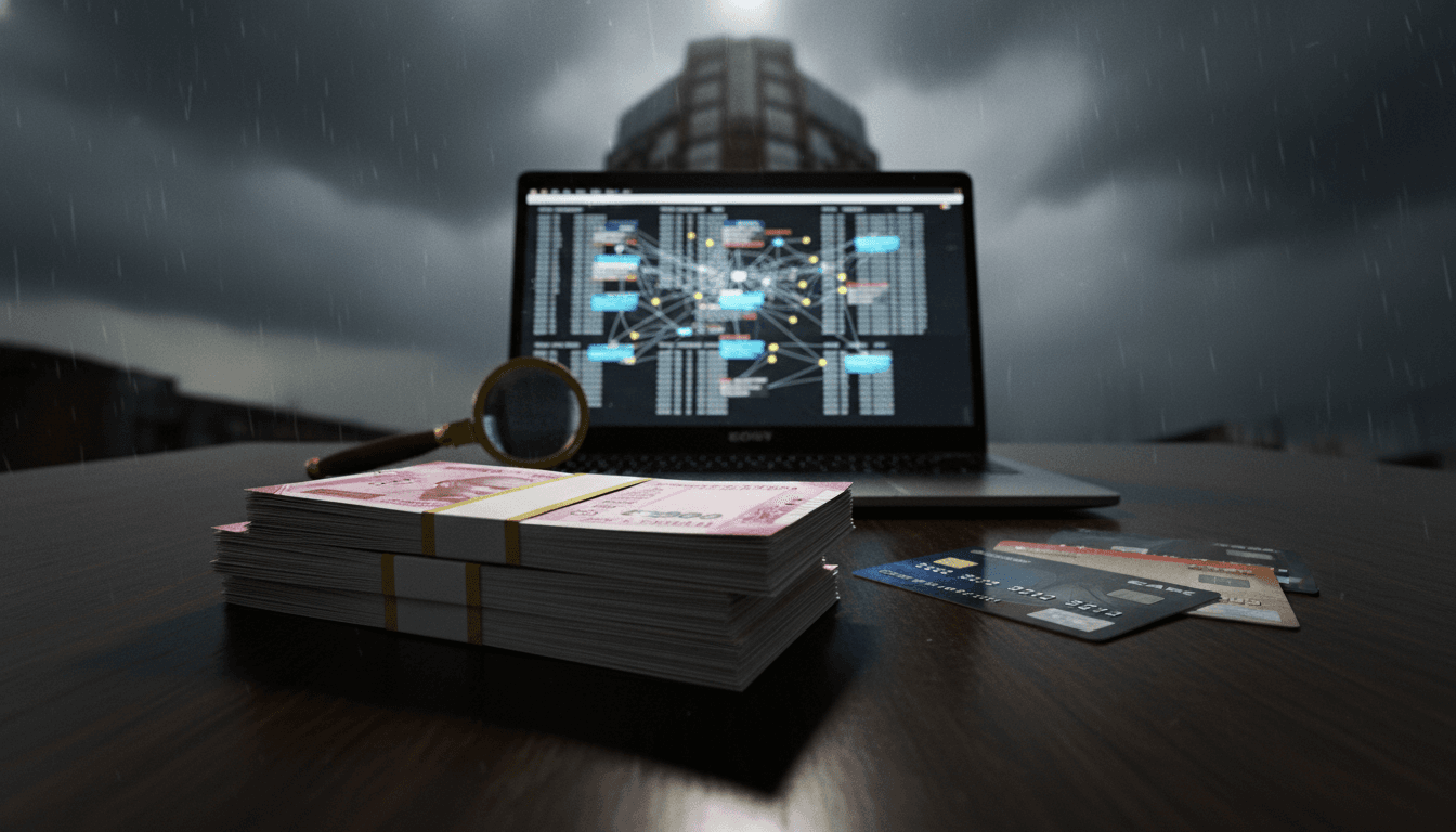A close-up of a stack of Indian rupee notes next to several generic bank cards and an open laptop displaying banking transaction screens, symbolizing the mule accounts scam.