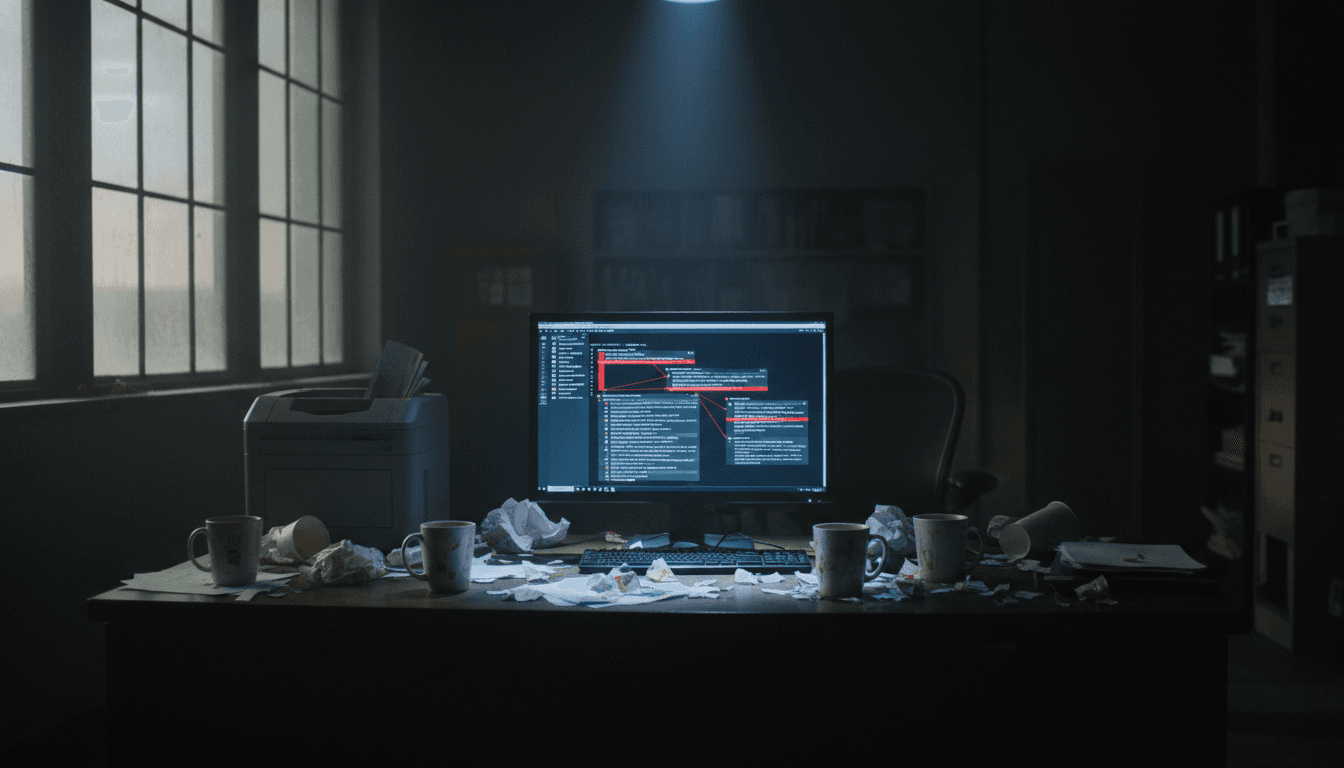 A silhouette of a person looking at a computer screen displaying a fraudulent email, symbolizing a devastating email compromise scheme.