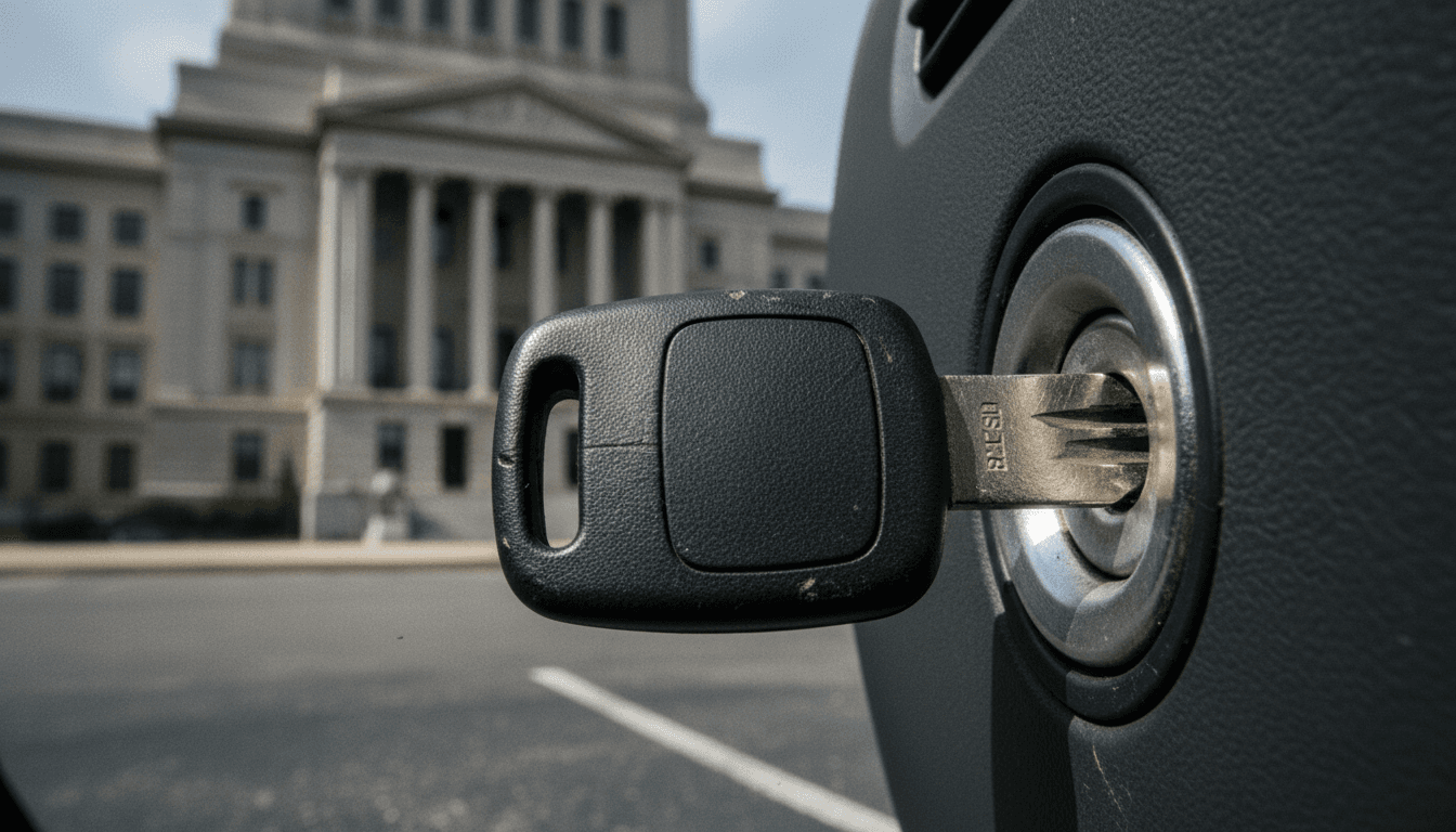 Close-up of a car ignition with a generic, unbranded key inserted, symbolizing the act of starting a stolen vehicle, with subtle hints of a courthouse parking lot in the blurred background, emphasizing the brazen vehicle theft.