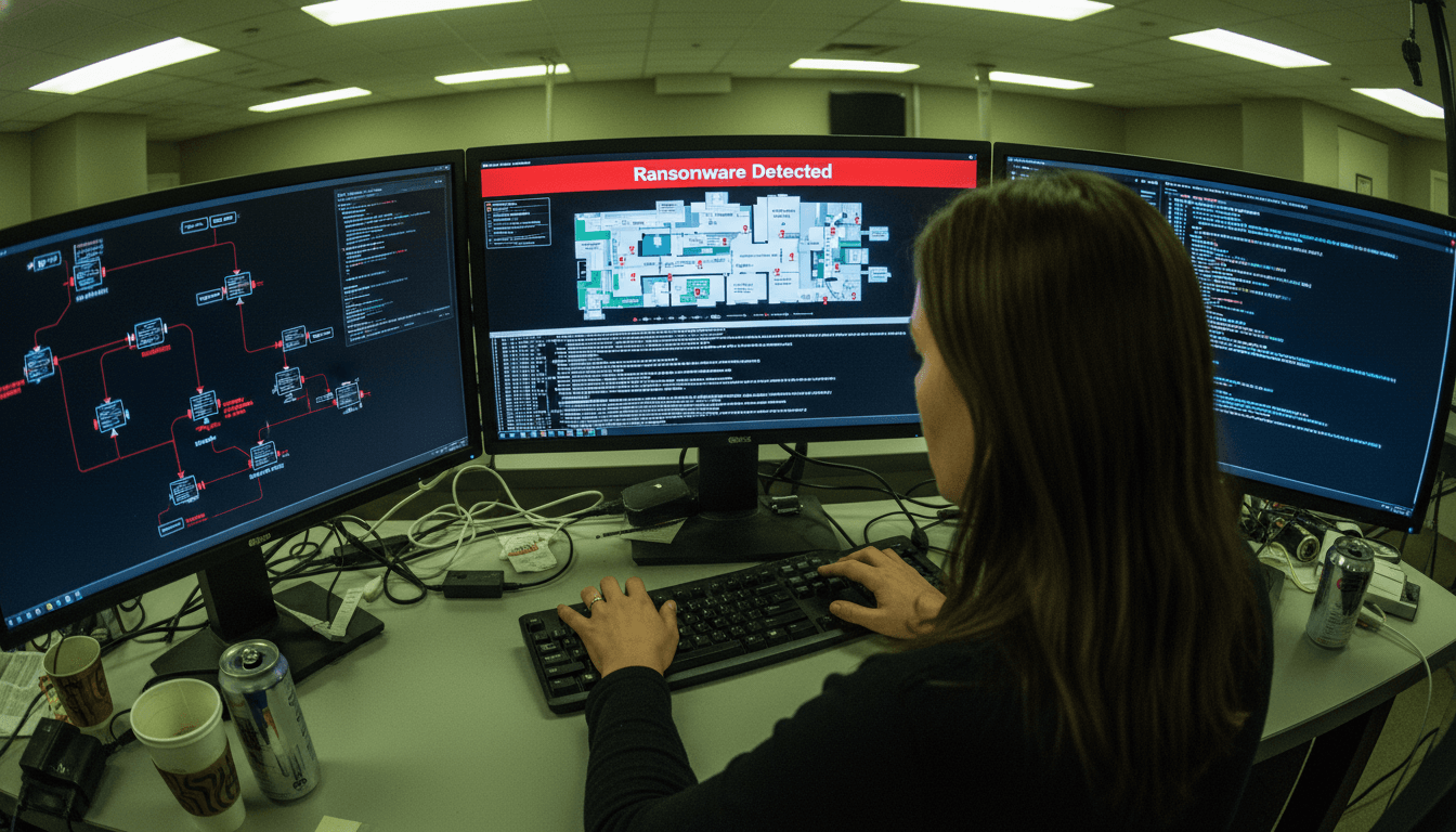 A digital representation of a network under attack, with red lines indicating a sweeping ransomware network indictment and encrypted files on hospital computer screens.