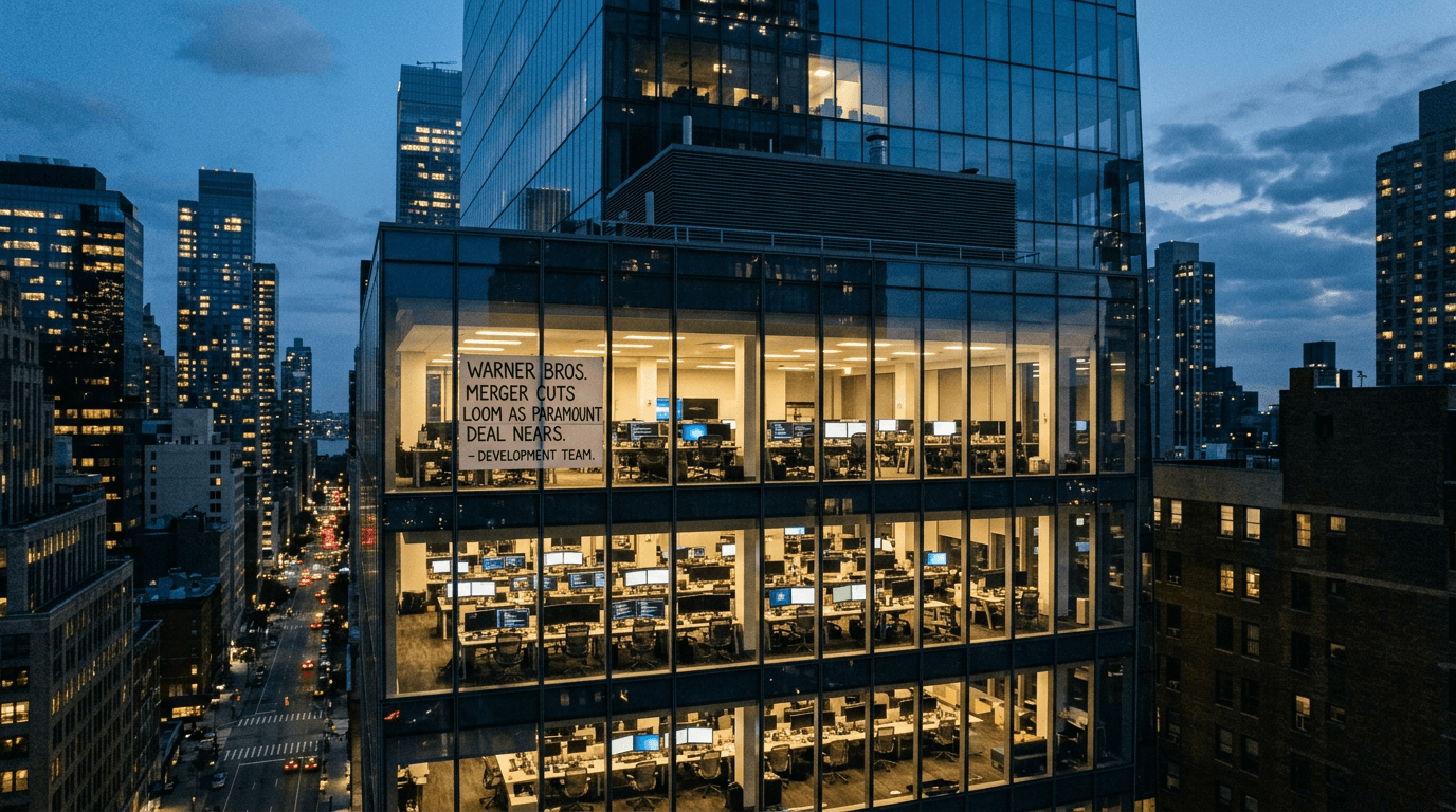 A corporate boardroom overlooking a city skyline, symbolizing the looming Warner Bros merger cuts.