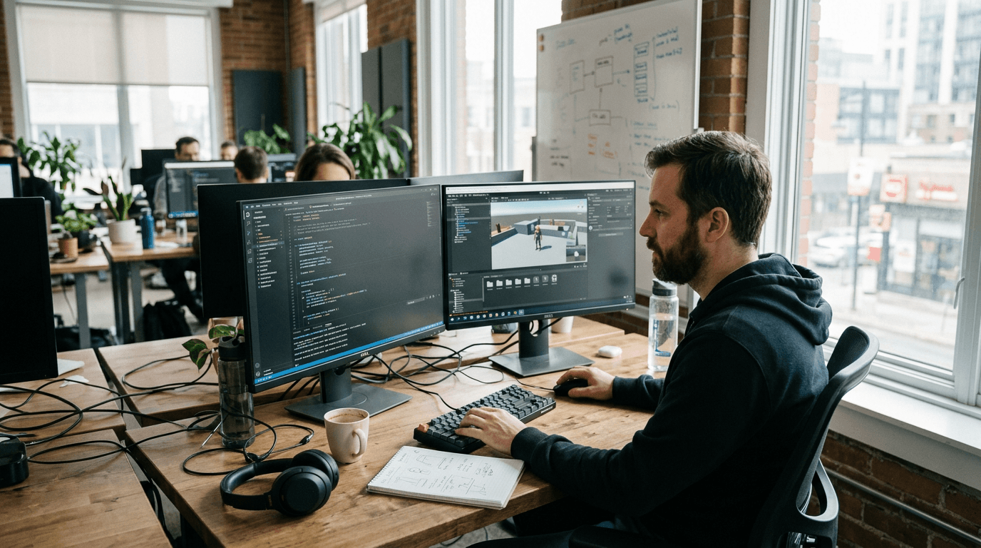 A game developer working on a new title for the Jest messaging games marketplace.
