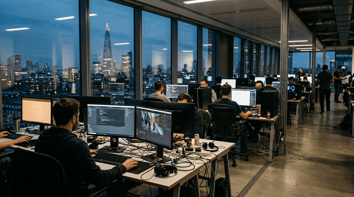 A modern game development studio office following news of NetEase funding cuts