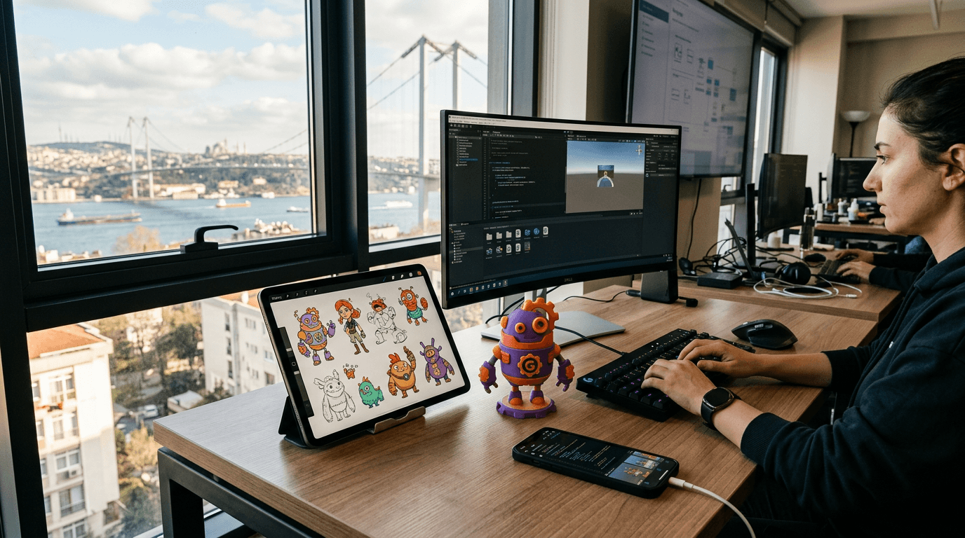 A modern office workspace highlighting Vento Games funding and mobile game design.