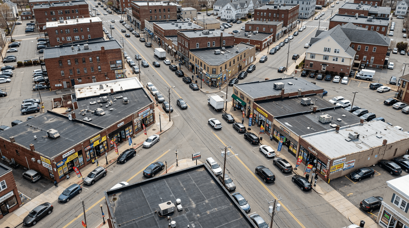 Aerial view of a Massachusetts retail district with stacked instant ticket signage