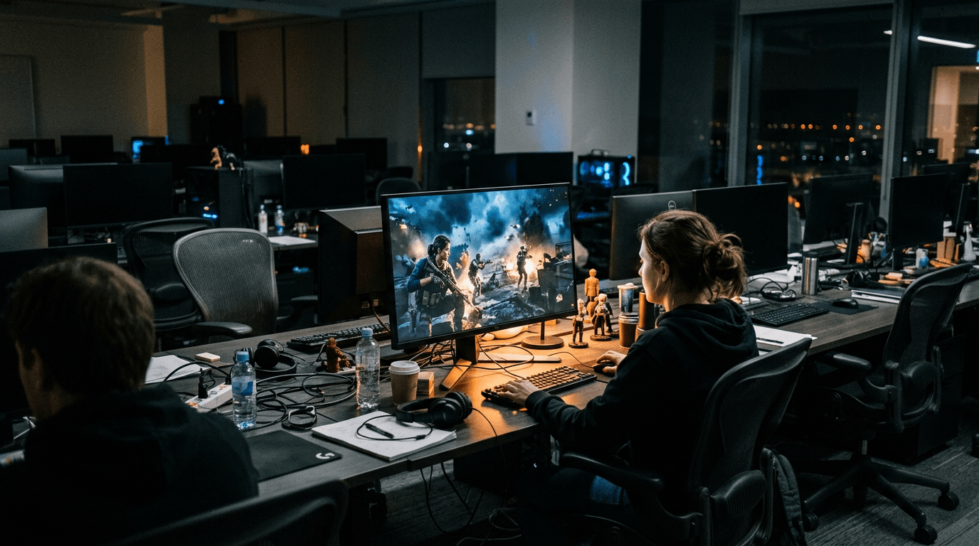 A dimly lit game development studio, a monitor displaying a detailed Battlefield 6 battle scene with soldiers in action, surrounded by empty desks, symbolizing recent Battlefield 6 layoffs.