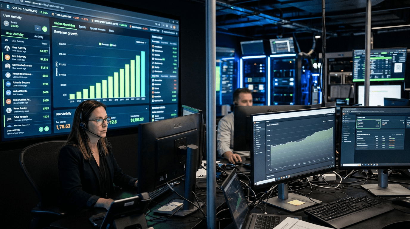 A conceptual image representing the Churchill Downs revenue-earnings split, with two distinct financial graphs diverging, one showing upward revenue growth and the other showing a less steep or flat earnings line, set against a blurred background of a digital gaming interface.