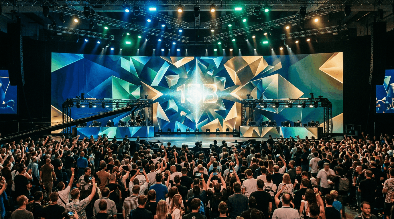 A stylized graphic representing a record Scopely milestone, with abstract lines and shapes converging towards a central, glowing '15B' symbol, embodying growth and achievement in mobile gaming.