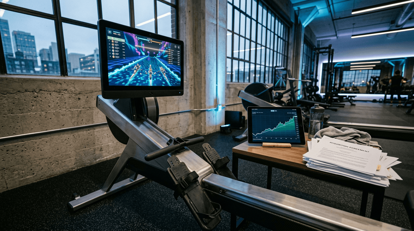 A sleek, modern rowing machine with a large, integrated screen displaying a vibrant, game-like interface, representing the Ergatta sold acquisition.