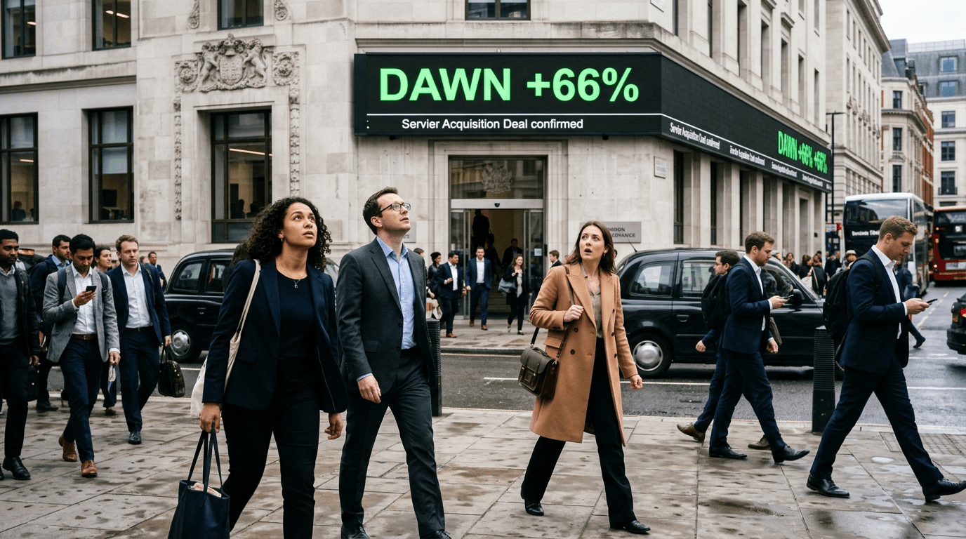 A bustling street level view of a stock exchange building with a large digital ticker displaying 'DAWN +66%' and financial news about Day One Biopharmaceuticals stock.